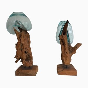 Wood and Glass Vases, Set of 2-BA-1365440