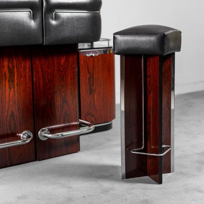 Wood and Leather Bar Cabinet with Stools, 1970s, Set of 3-ZLY-1304768