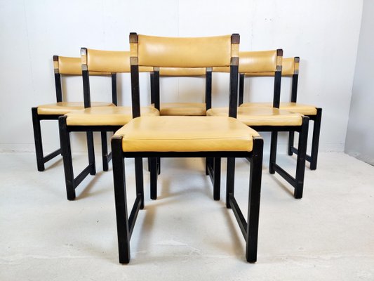 Wood and Leather Chairs, 1970s, Set of 6-FGA-923343