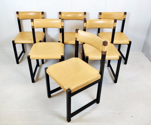 Wood and Leather Chairs, 1970s, Set of 6-FGA-923343