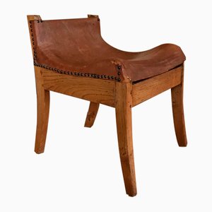 Wood and Leather Stool, Netherlands, 1930s-DVX-1186348