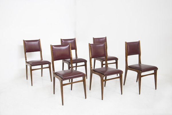 Wood and Red Leather Chairs attributed to Carlo De Carli, 1950s, Set of 6-RCE-1399052