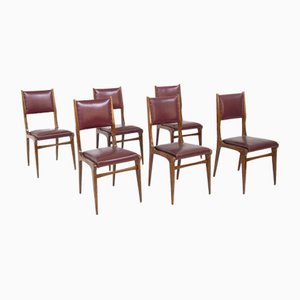 Wood and Red Leather Chairs attributed to Carlo De Carli, 1950s, Set of 6-RCE-1399052