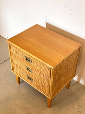 Wood and Wicker Bedside Chest of Drawers, 1970s-NPC-1279659