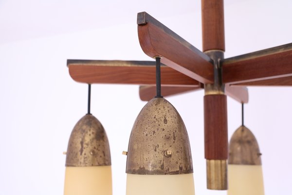 Wood, Brass, and Glass Ceiling Lamp, 1950s-SXX-717376