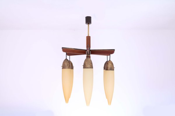 Wood, Brass, and Glass Ceiling Lamp, 1950s-SXX-717376