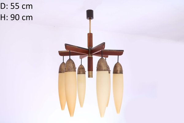 Wood, Brass, and Glass Ceiling Lamp, 1950s-SXX-717376