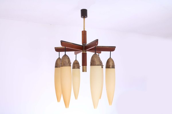 Wood, Brass, and Glass Ceiling Lamp, 1950s-SXX-717376