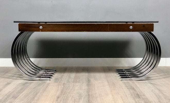 Wood, Chrome & Smoked Glass Side Coffee Table, Italy, 1970s-LYQ-1171766