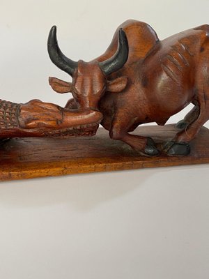 Wood Crocodile and a Bull Fighting Sculpture, France, 1930s-UR-1388929