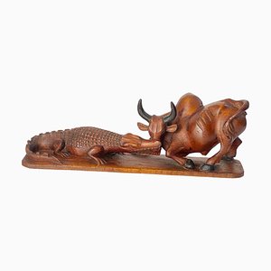 Wood Crocodile and a Bull Fighting Sculpture, France, 1930s-UR-1388929