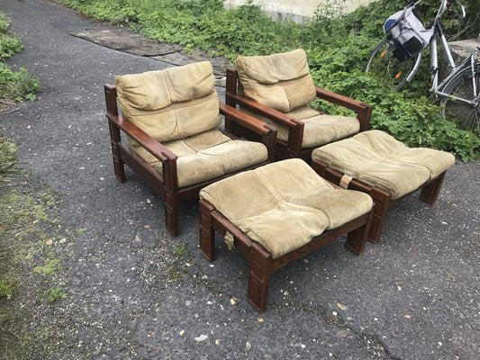 Wood & Leather Armchairs With Pouf, Set of 4-OXJ-1189568