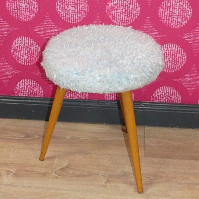 Wood Stool with Filigree Legs & Pastel Blue Fluff Cover-AFE-2023496