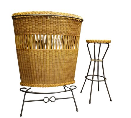 Wood, Wicker and Wrought Iron Bar Cabinet with Stool, 1960s, France., Set of 2-NUC-1314590