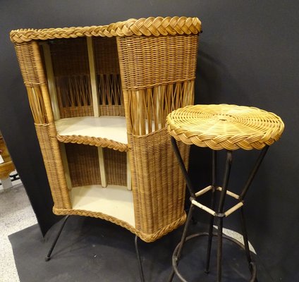 Wood, Wicker and Wrought Iron Bar Cabinet with Stool, 1960s, France., Set of 2-NUC-1314590