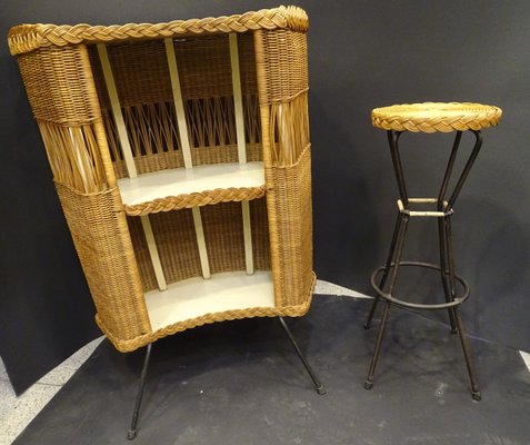 Wood, Wicker and Wrought Iron Bar Cabinet with Stool, 1960s, France., Set of 2-NUC-1314590