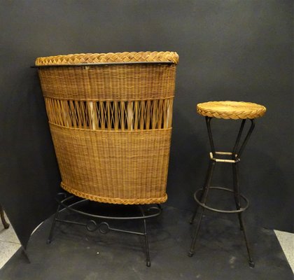 Wood, Wicker and Wrought Iron Bar Cabinet with Stool, 1960s, France., Set of 2-NUC-1314590