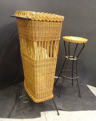 Wood, Wicker and Wrought Iron Bar Cabinet with Stool, 1960s, France., Set of 2-NUC-1314590