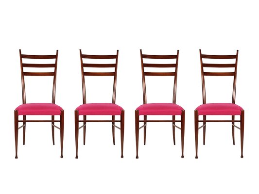 Wooden and Magenta Fabric Dining Chairs by Paolo Buffa, 1950s, Set of 4-RD-2026835