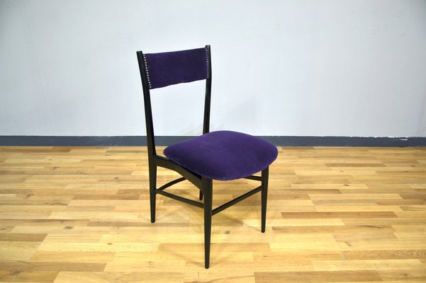 Wooden and Purple Velvet Dining Chairs, Italy, 1950s, Set of 6-QZZ-1305925