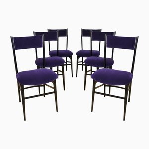 Wooden and Purple Velvet Dining Chairs, Italy, 1950s, Set of 6-QZZ-1305925