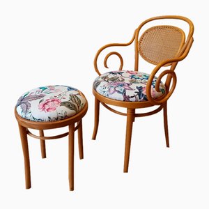 Wooden Chair and Stool, 1950, Set of 2-ZEF-1723832