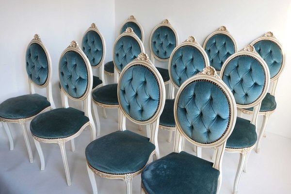 Wooden Chairs in Blue Velvet, Italy, 1960, Set of 12-OKN-2041017