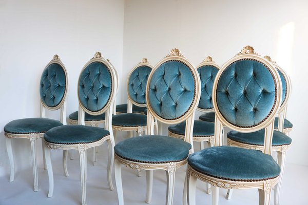 Wooden Chairs in Blue Velvet, Italy, 1960, Set of 12-OKN-2041017