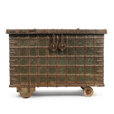 Wooden Chest with Steel Veneer and Green Patina, 1840s-NQ-624622