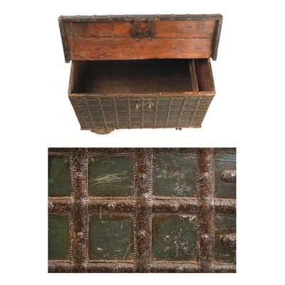 Wooden Chest with Steel Veneer and Green Patina, 1840s-NQ-624622