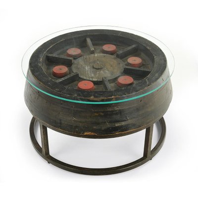 Wooden Coffee Table with Glass Top and Cast Iron Base-NQ-946353