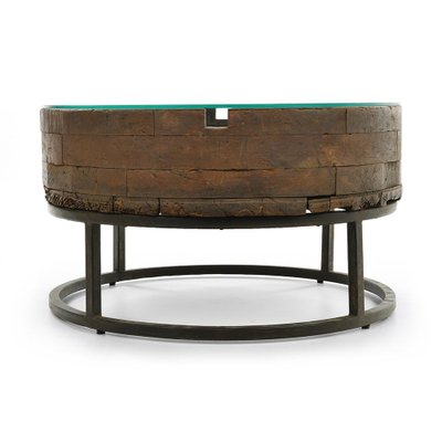 Wooden Coffee Table with Glass Top and Cast Iron Base-NQ-955670