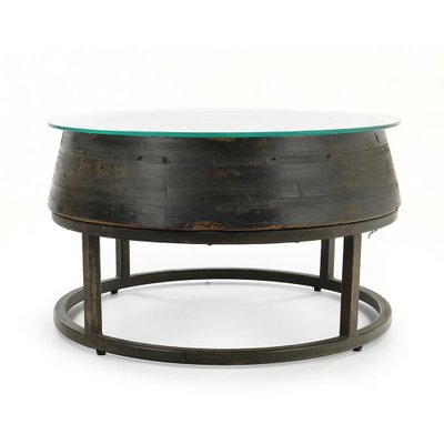 Wooden Coffee Table with Glass Top and Cast Iron Base-NQ-946353