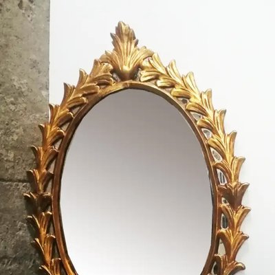 Wooden Mirror with Leaf Garland, 1950s-ODB-1740956