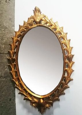 Wooden Mirror with Leaf Garland, 1950s-ODB-1740956