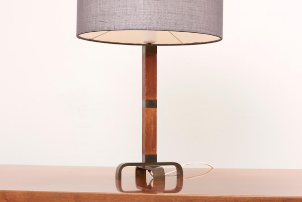 Wooden Table Lamp with Grey Lampshade, 1950s-SFD-1092539