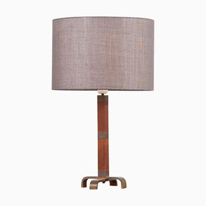 Wooden Table Lamp with Grey Lampshade, 1950s-SFD-1092539