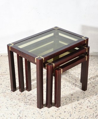 Wooden Triptych Coffee Tables with Glass Top, 1980s, Set of 3-RAQ-743228