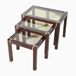 Wooden Triptych Coffee Tables with Glass Top, 1980s, Set of 3-RAQ-743228