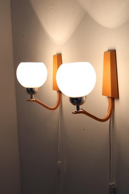 Wooden Wall Lamps with Glass Shades attributed to Drevo Humpolec, Former Czechoslovkia, 1960s, Set of 2-TZ-2018697