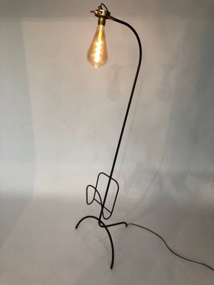 Wrought Iron and Brass Floor Lamp with Magazine Holder, 1960s-SSK-671862