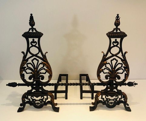 Wrought Iron and Gilt Iron Andirons with Twisted Bar, France, 1940s, Set of 2-BA-874687