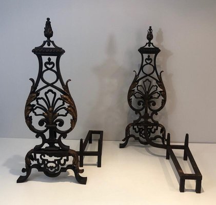 Wrought Iron and Gilt Iron Andirons with Twisted Bar, France, 1940s, Set of 2-BA-874687