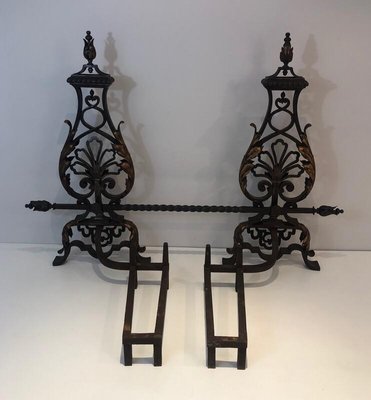 Wrought Iron and Gilt Iron Andirons with Twisted Bar, France, 1940s, Set of 2-BA-874687