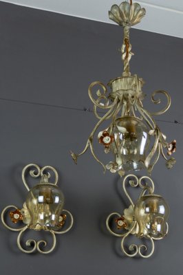 Wrought Iron and Glass Pendant Light & Sconces, Set of 3-KEG-973917