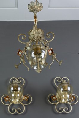 Wrought Iron and Glass Pendant Light & Sconces, Set of 3-KEG-973917