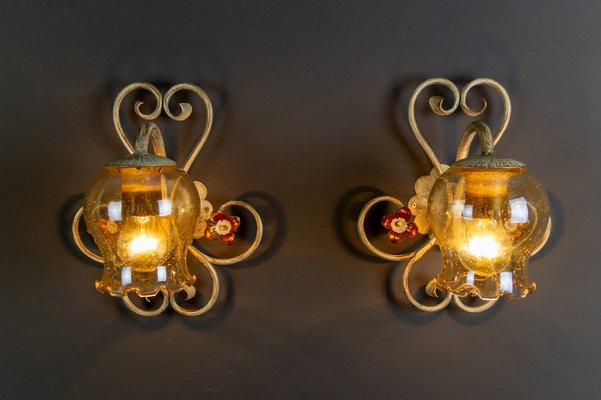 Wrought Iron and Glass Pendant Light & Sconces, Set of 3-KEG-973917