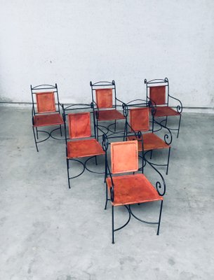 Wrought Iron and Leather Swirl Dining Chairs, Spain, 1960s, Set of 6-RQV-1348283