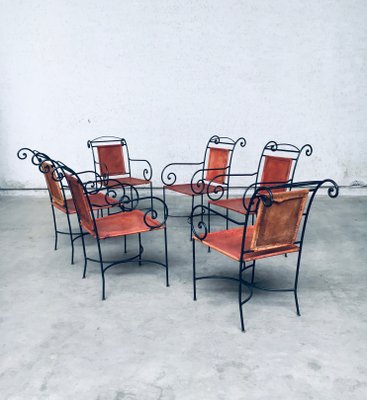 Wrought Iron and Leather Swirl Dining Chairs, Spain, 1960s, Set of 6-RQV-1348283