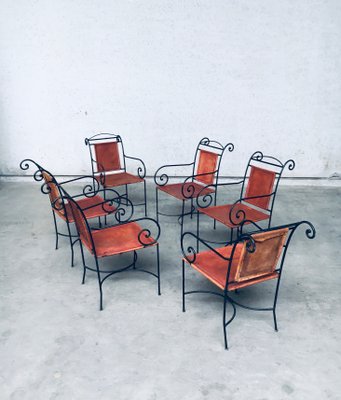 Wrought Iron and Leather Swirl Dining Chairs, Spain, 1960s, Set of 6-RQV-1348283